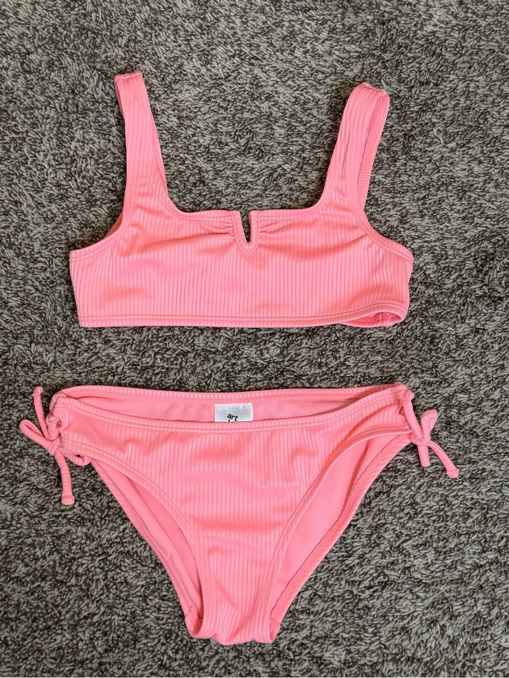 Cat & Jack Girls M 7/8 Coral Pink Bikini Swimsuit & Crochet Cover Up 3 Pc Set